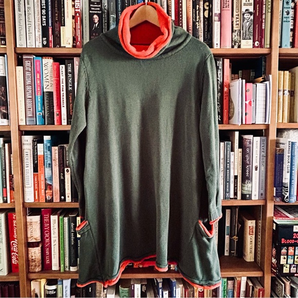 unbranded Sweaters - Boutique Hunter Green Orange Trim Cowl Knit A-Line Pockets Swing Tunic Dress M